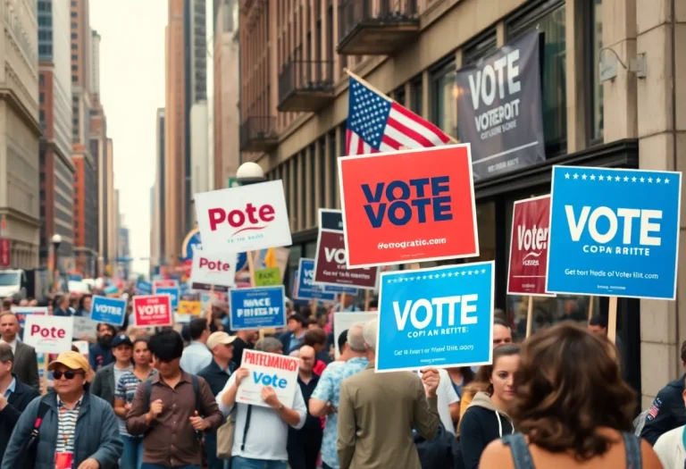 New York City street with campaign signs and voters
