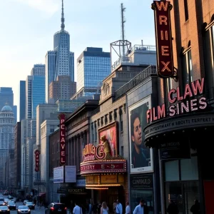 Aerial view of New York City showcasing theaters and film studios.