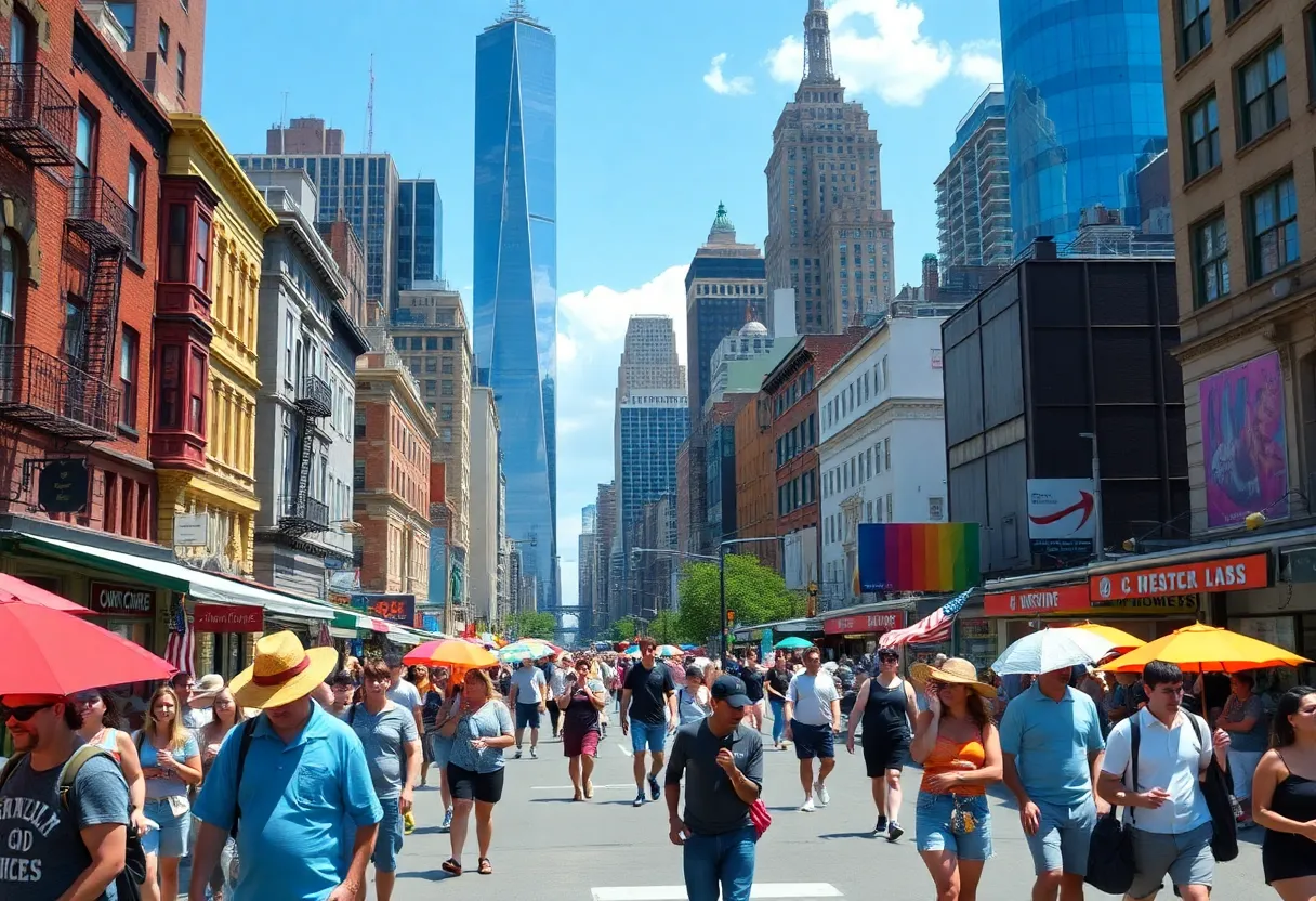New York City skyline during a severe heatwave with bright sun and people staying hydrated.