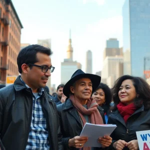 Political campaign scene in New York City with voters discussing election issues.