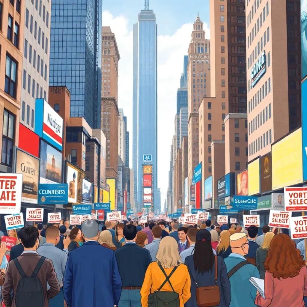Illustration of campaign environment in New York City with campaign signs and voters