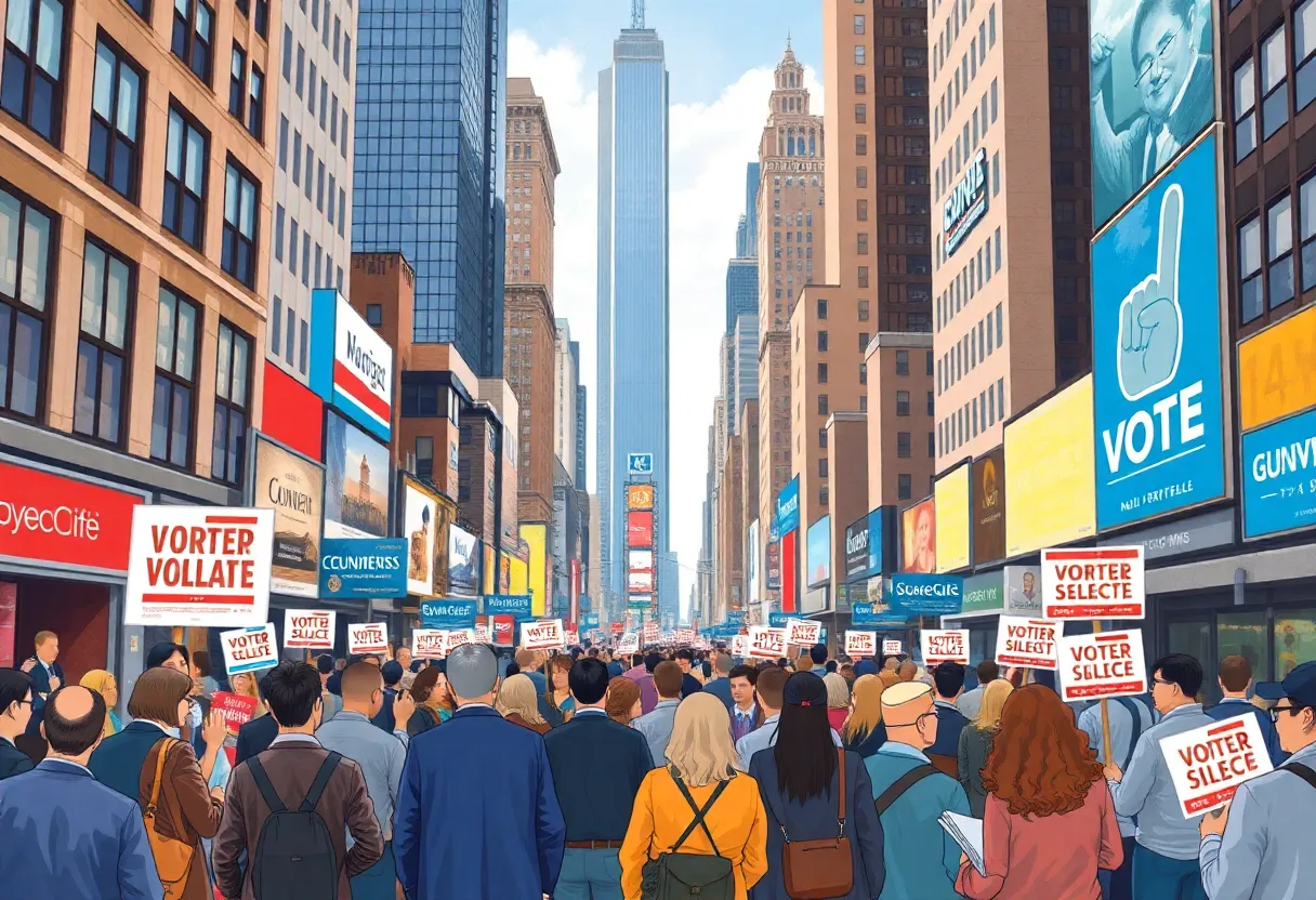 Illustration of campaign environment in New York City with campaign signs and voters