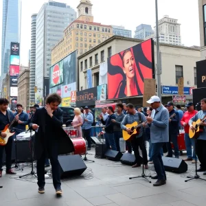 A lively depiction of New York City's music culture featuring street performers and musicians.