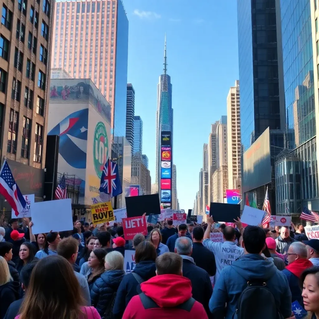 Political rally in New York City featuring a diverse crowd