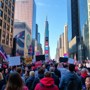 Political rally in New York City featuring a diverse crowd