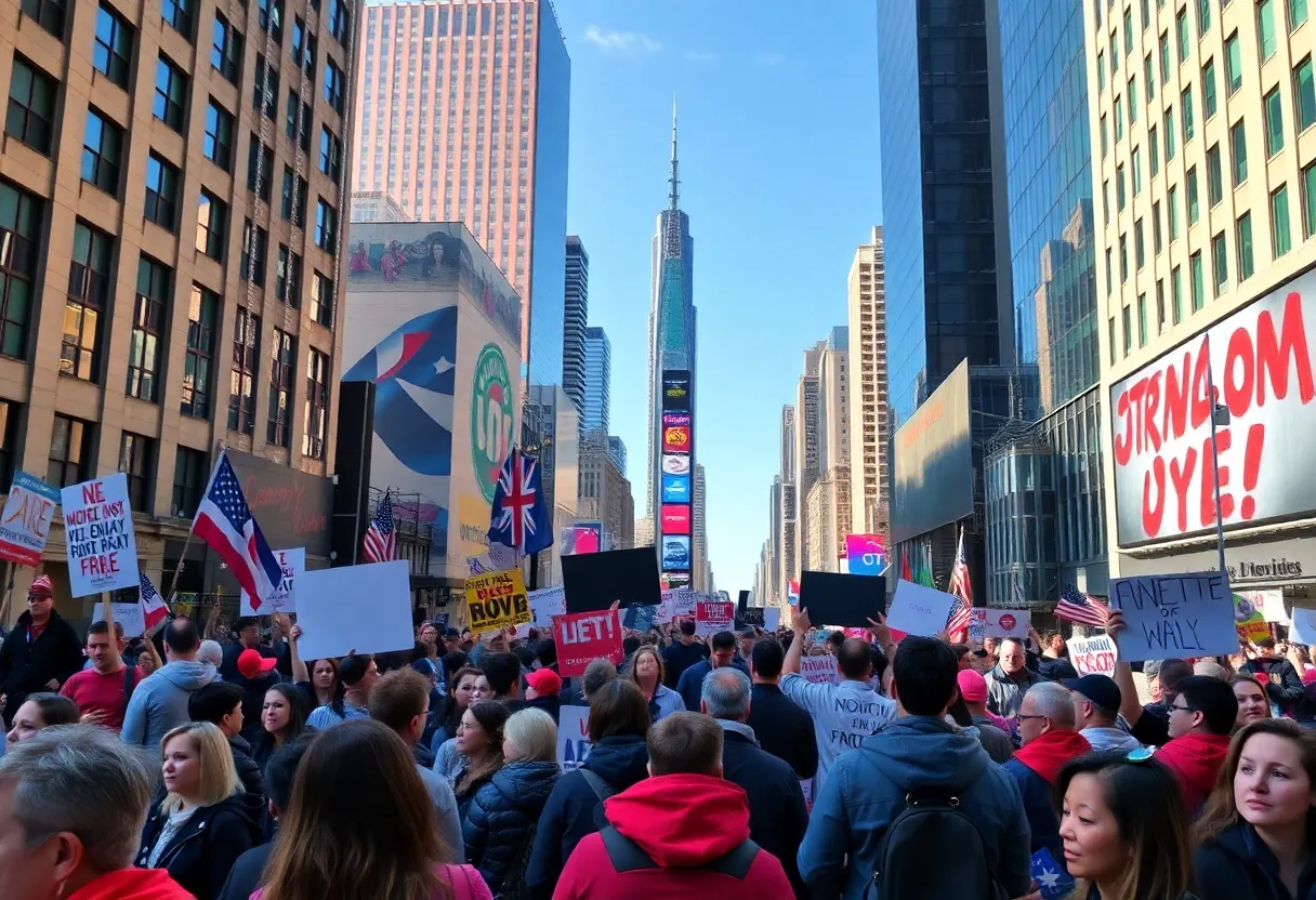 Political rally in New York City featuring a diverse crowd