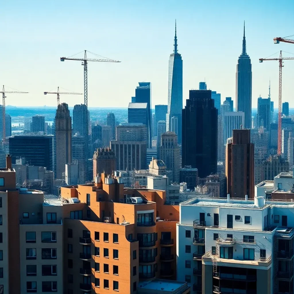 New York City skyline featuring luxury apartments and construction cranes.