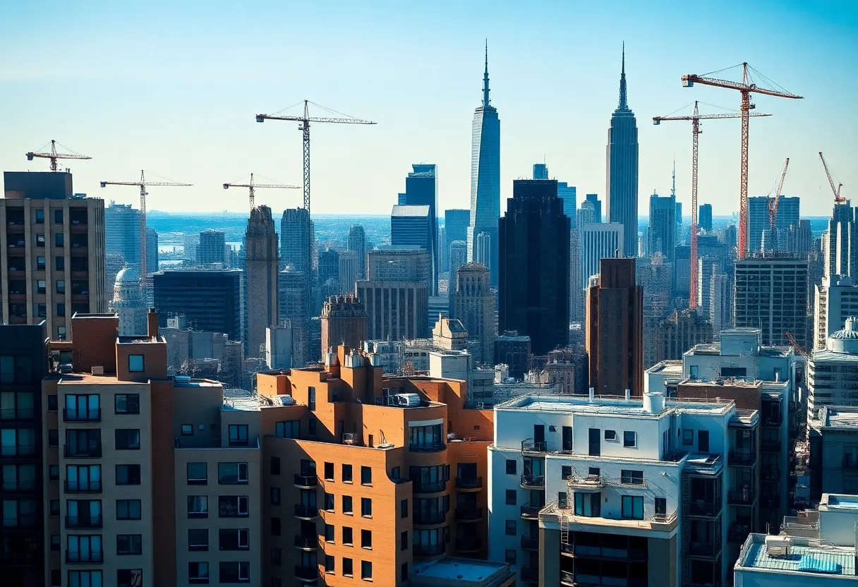 New York City skyline featuring luxury apartments and construction cranes.