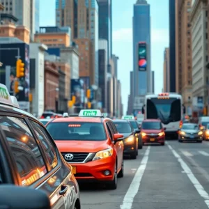 Rideshare drivers in New York City on a bustling street