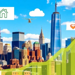 New York City skyline with symbols of progressiveness