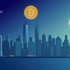 New York skyline with digital currency symbol representing cryptocurrency scams.