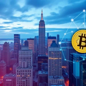 New York City skyline with digital cryptocurrency elements