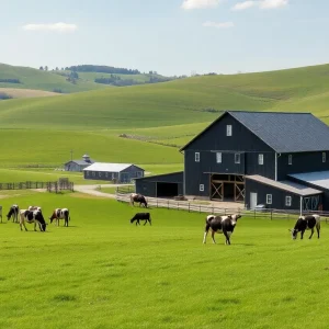 A dairy farm in New York with grazing cows and a barn.
