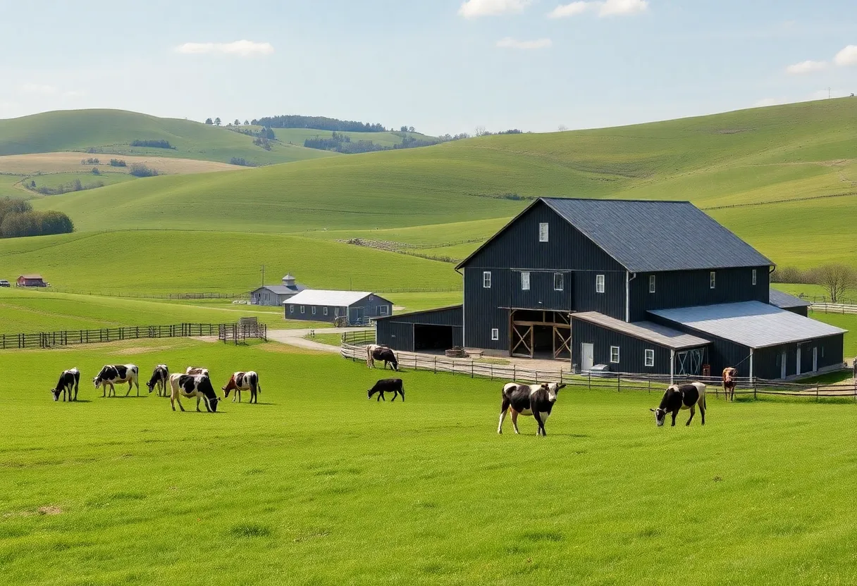 A dairy farm in New York with grazing cows and a barn.