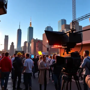Film crew working on a production set in New York City.