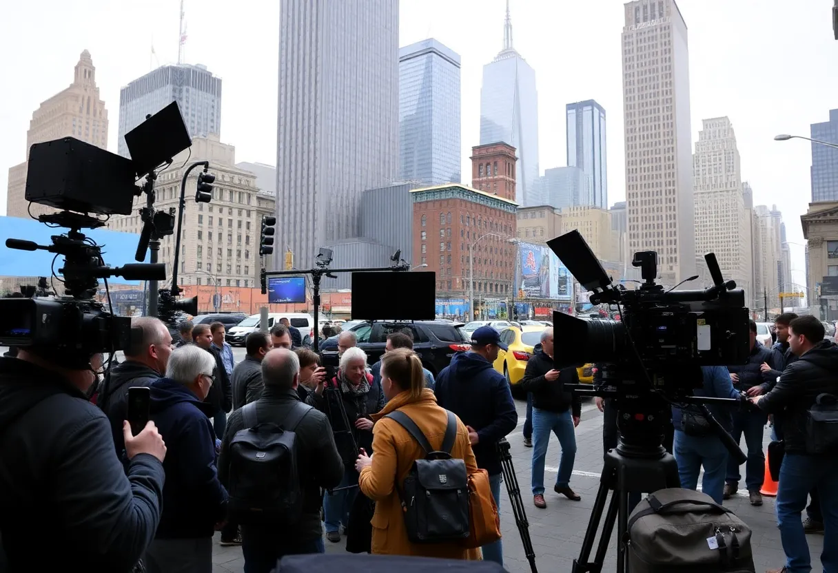 Film set in New York City with crew and equipment