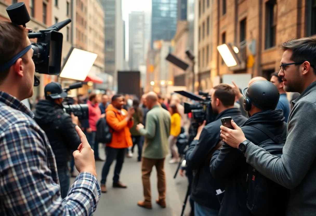 Film set in New York City with crew and equipment