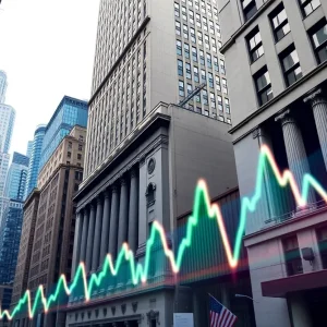 A view of New York City's financial district with stock market graph.