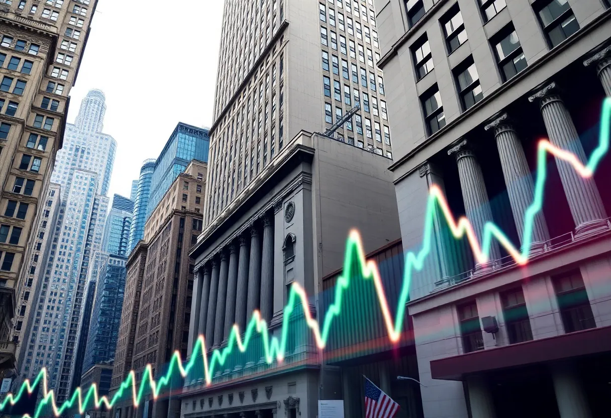 A view of New York City's financial district with stock market graph.