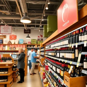 Wine section in a New York grocery store with shoppers.