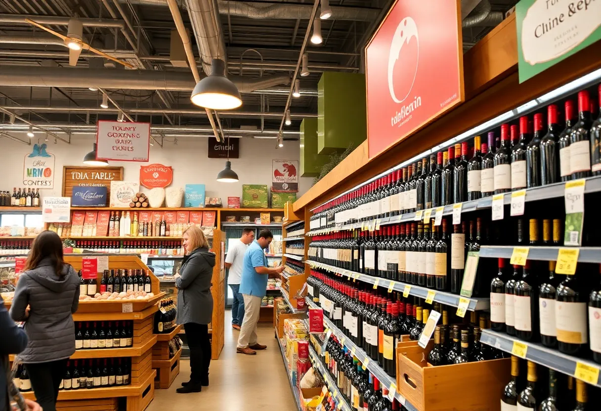 Wine section in a New York grocery store with shoppers.