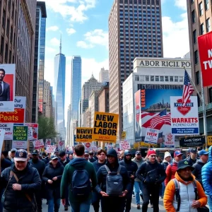 New York City street scene depicting labor rights