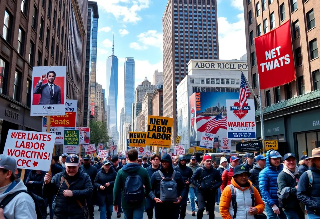 New York City street scene depicting labor rights