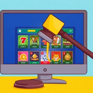 Illustration of a gavel striking a computer screen showing gambling games.