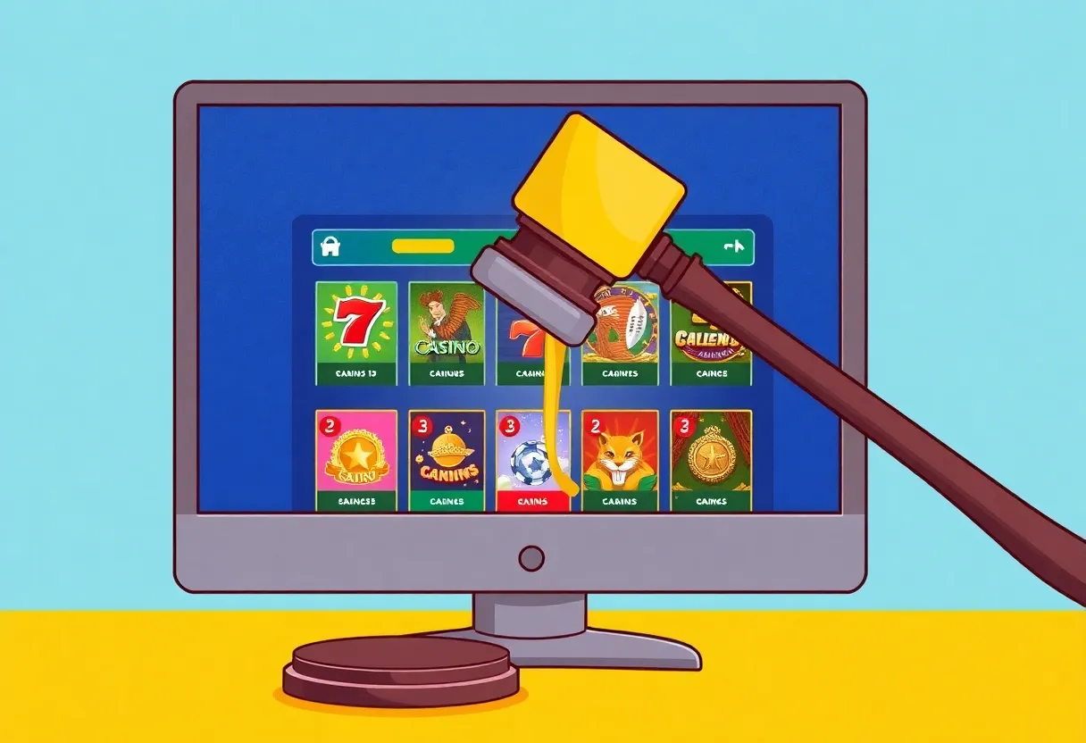 Illustration of a gavel striking a computer screen showing gambling games.