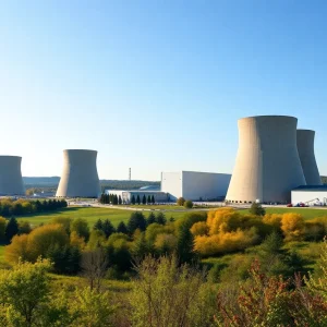 Illustration of a nuclear power plant in upstate New York with green surroundings
