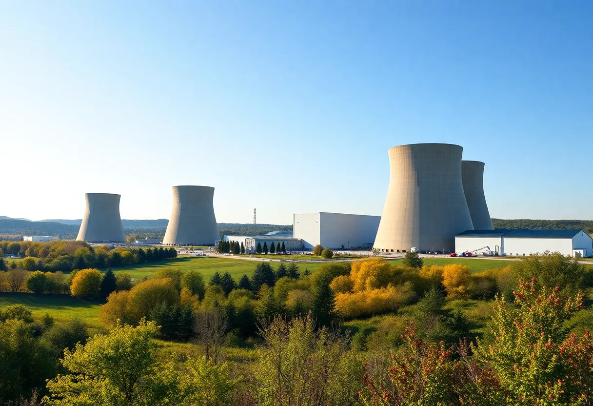 Illustration of a nuclear power plant in upstate New York with green surroundings