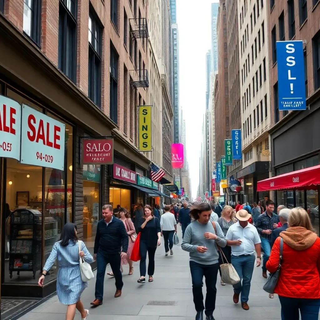 Street view of New York City showing storefronts with sale signs