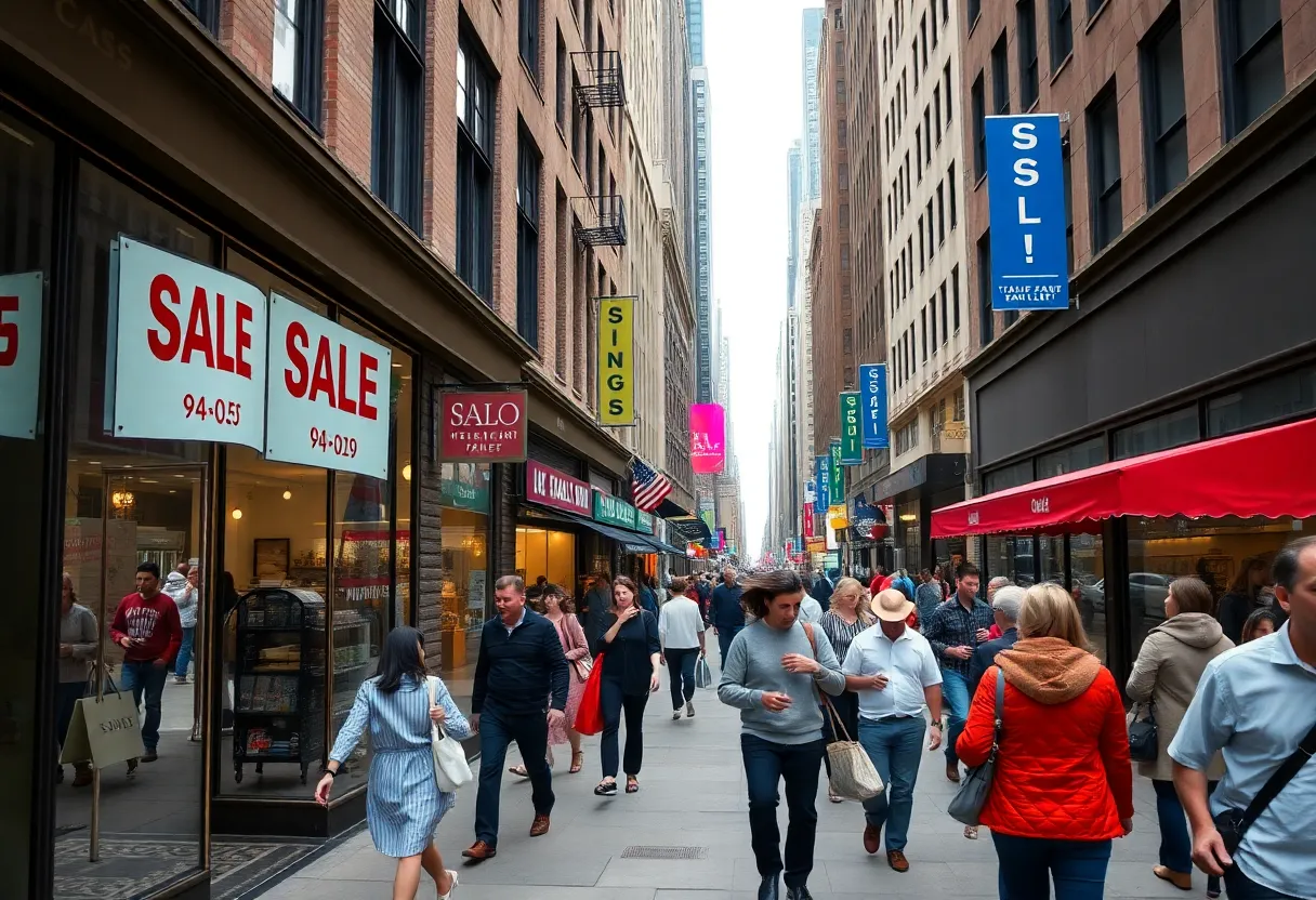 Street view of New York City showing storefronts with sale signs