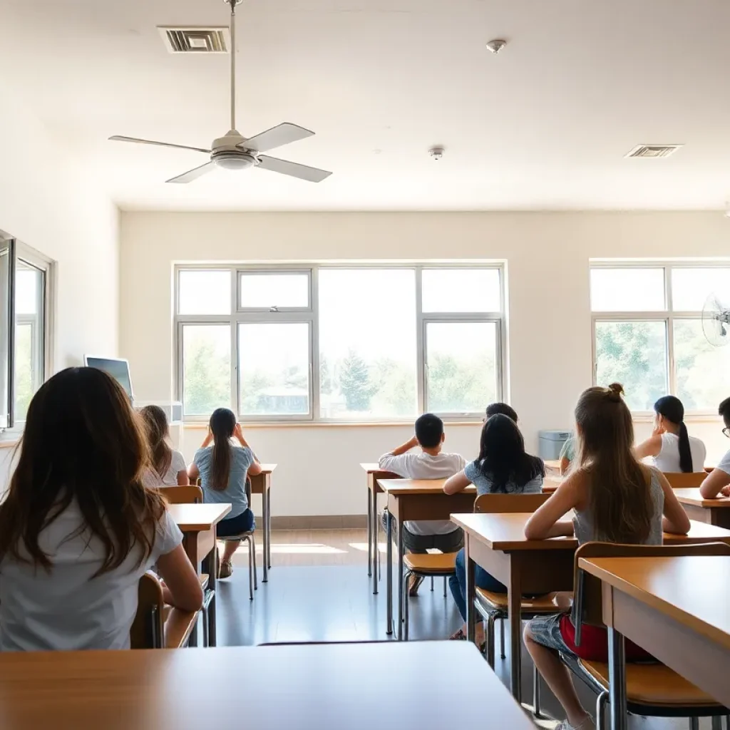 Students in a classroom adapting to extreme heat wave