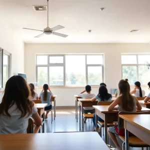 Students in a classroom adapting to extreme heat wave