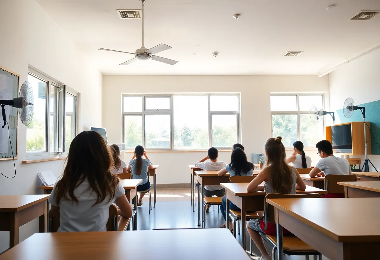 Students in a classroom adapting to extreme heat wave