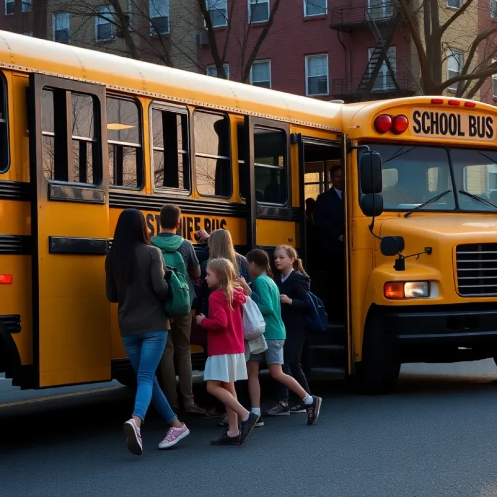 Children boarding a school bus in New York during early morning hours