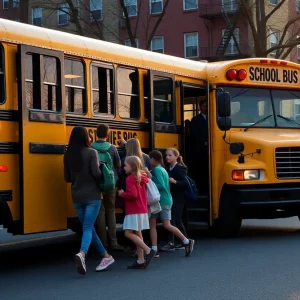 Children boarding a school bus in New York during early morning hours