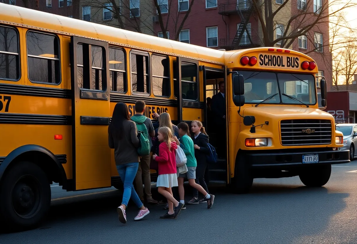Children boarding a school bus in New York during early morning hours