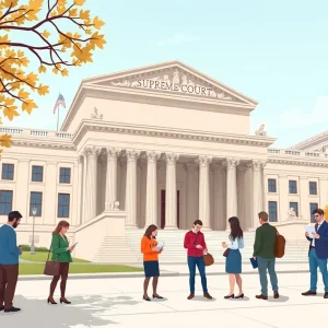 People engaging with legal materials outside the New York Supreme Court building