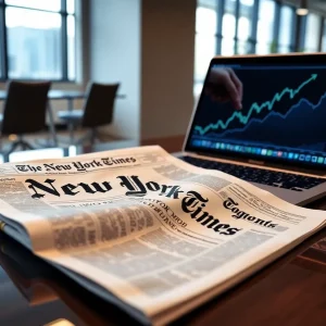 A newspaper on a desk with a laptop, symbolizing financial growth for New York Times
