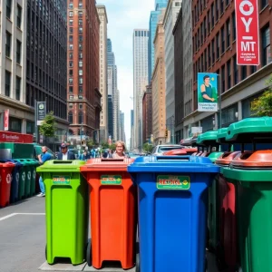 Recycling bins on a New York City street promoting waste management.