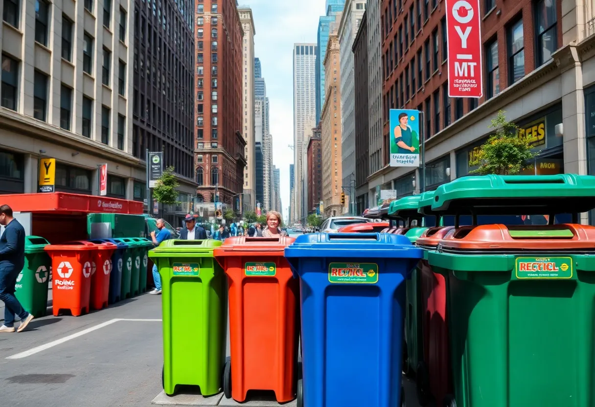 Recycling bins on a New York City street promoting waste management.