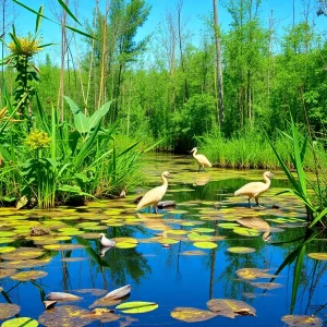 A vibrant wetland in New York with diverse flora and fauna.