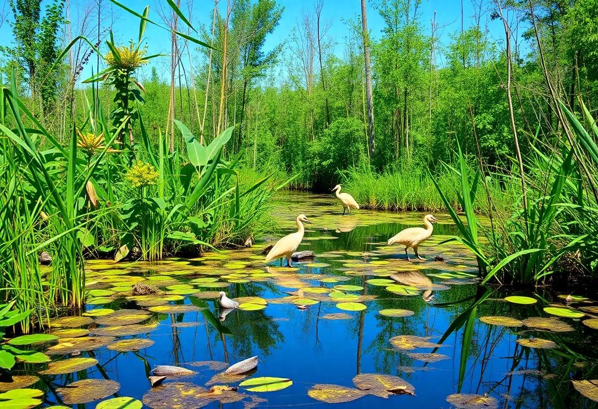 A vibrant wetland in New York with diverse flora and fauna.