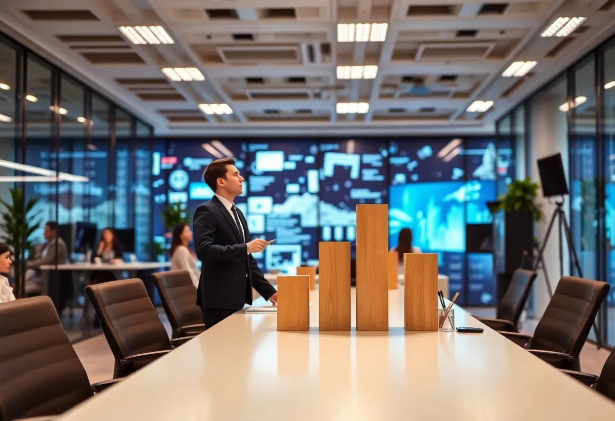 Illustration depicting corporate leadership in the media industry.
