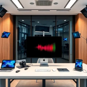 Modern media office showcasing digital technology