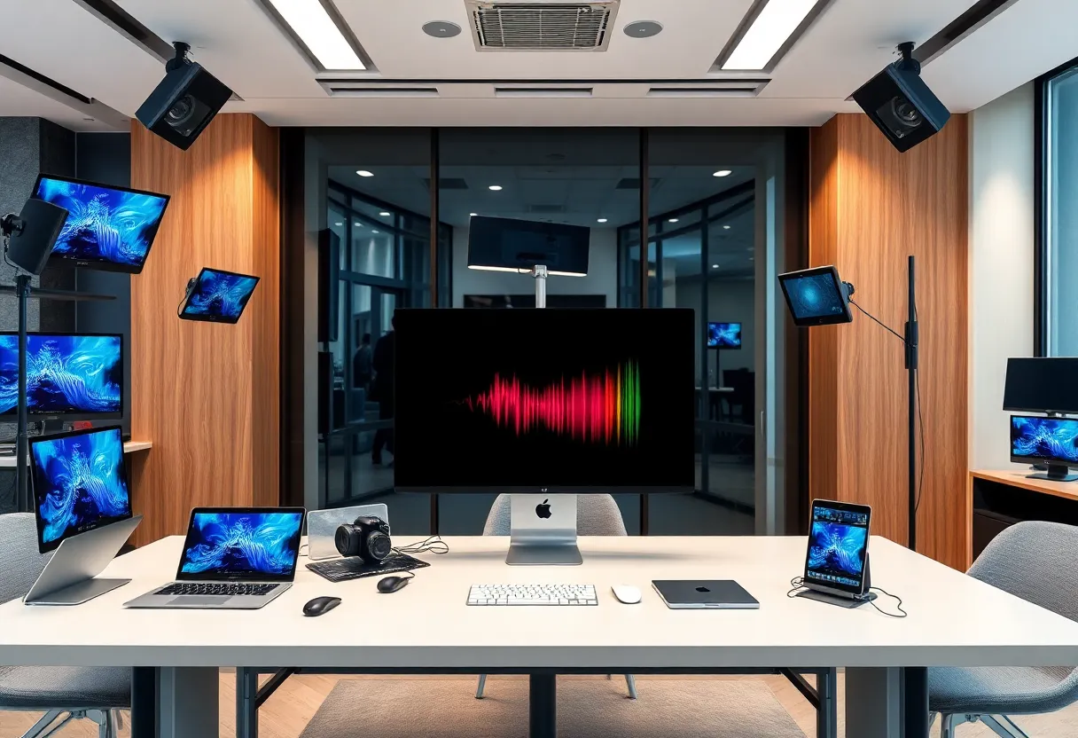 Modern media office showcasing digital technology