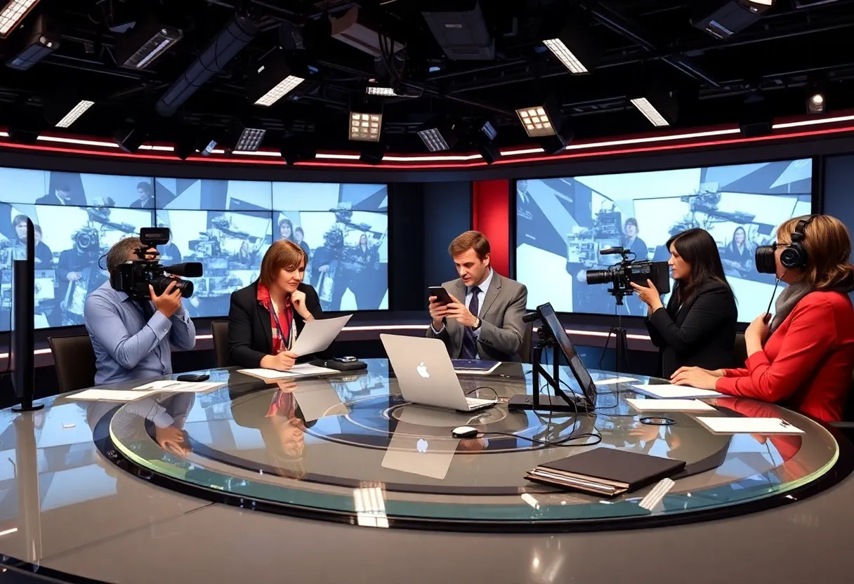 Journalists working together at a news desk