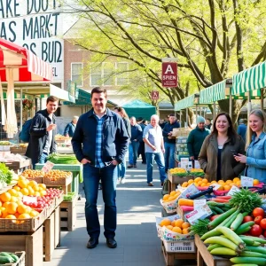 Busy North Tonawanda City Market with vendors and customers in spring